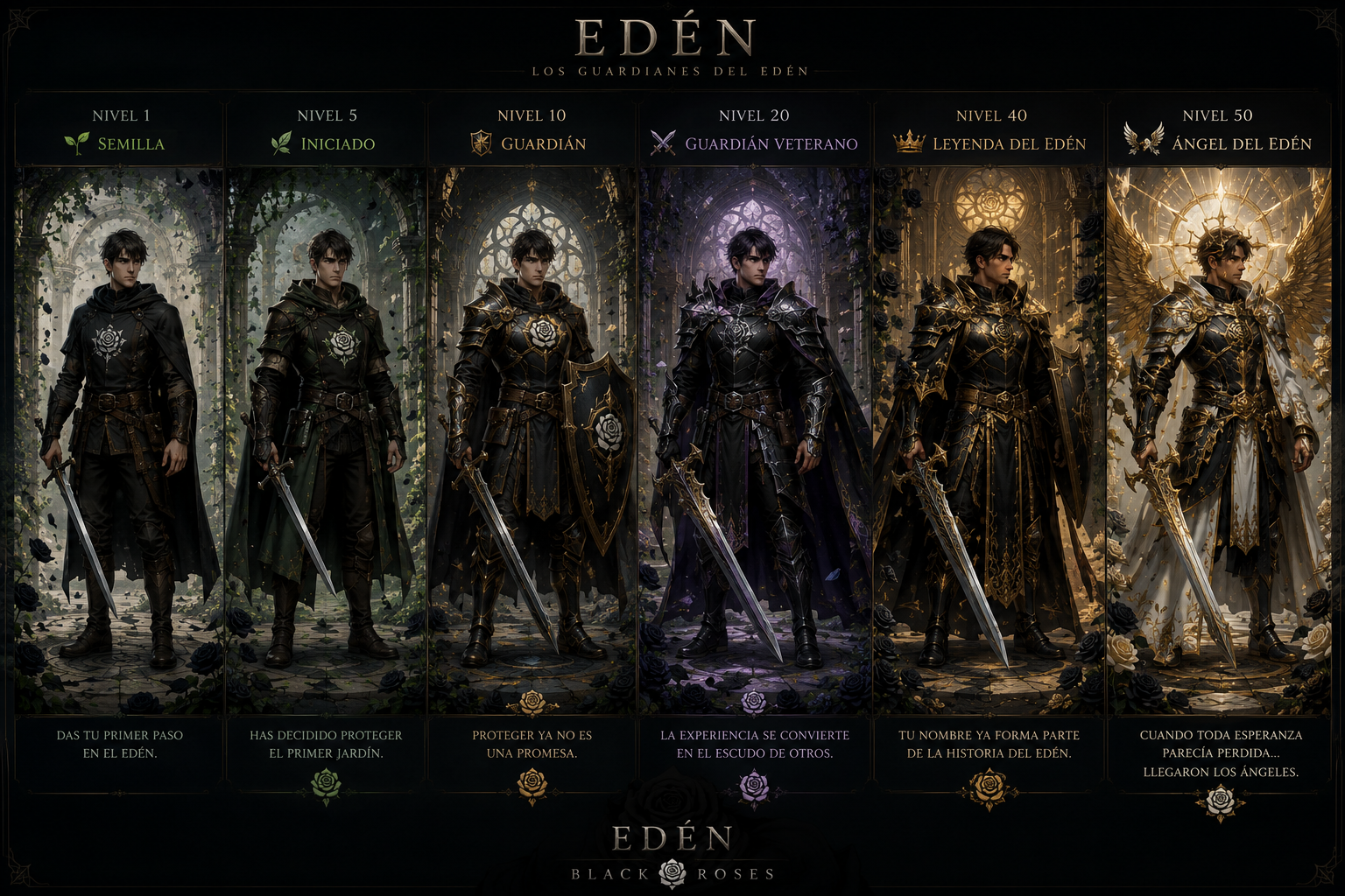 Niveles de los Guardianes del Edén: Semilla, Iniciado, Guardián, Guardián Veterano, Leyenda del Edén, Ángel del Edén